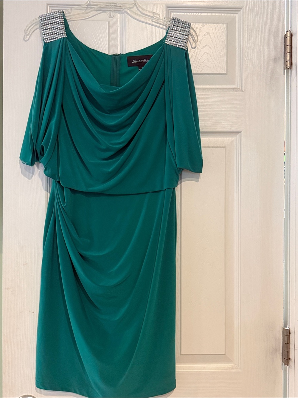 Scarlett Nite green Draped Midi Dress with Crystal-Embellished Straps